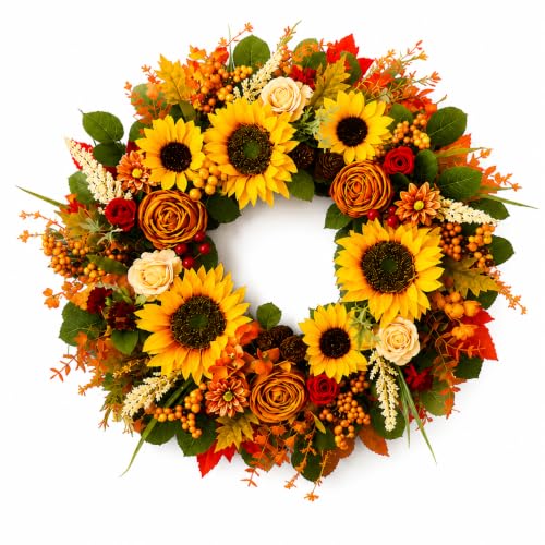 24-Inch Fall Sunflower Wreath for Front Door Autumn Harvest Decor