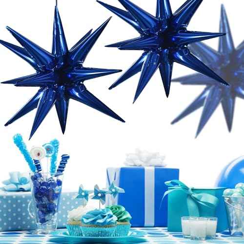 TONIFUL 4 Pcs 22inch 4D Navy Blue Explosion Star Mylar Balloons 14Point Star Balloons for Party Backdrop Christmas,New Year Birthday, Wedding Baby Shower Anniversary Photo Booth Supplies