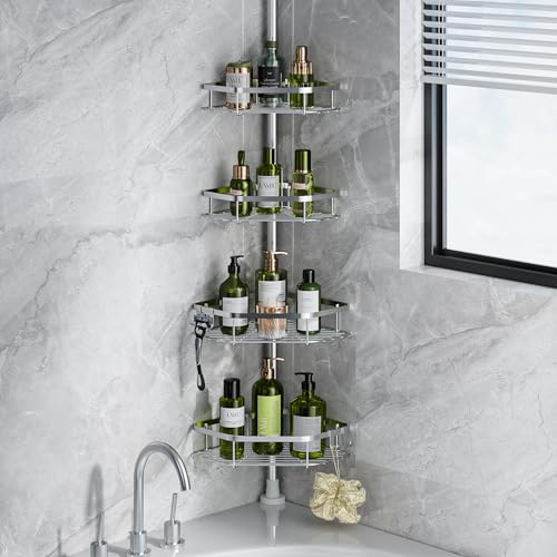 Corner Shower Caddy Tension Pole - 4-Tier Stainless Steel Bathroom Organizer
