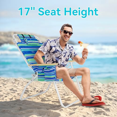 Yestomo Striped Blue & Green Tall Backpack Beach Chair, 17" Seat Height, 5 Reclining Positions, Supports 350lbs