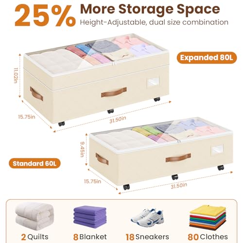 Budding Joy Beige 2-Pack 80L Under Bed Storage Bins with Wheels & Handles