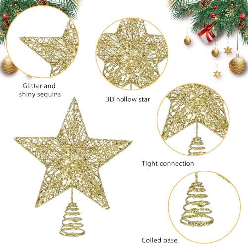 Christmas Tree Topper Glittering Gold Hollow Small Star Mini Christmas Tree Decoration 5 Point Star Xmas Treetop Ornaments (15cm/5.9inches)