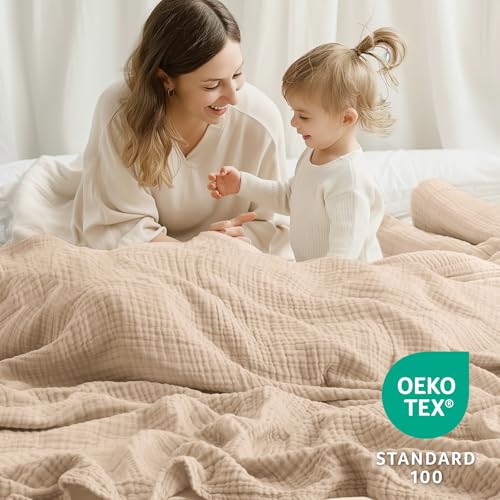 Queen 6-Layer Cotton Muslin Blanket - Beige, 90x90 Inches, Cozy & Breathable