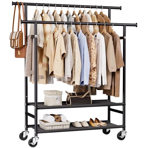 HYSEYY Black Large Double Rod Clothes Rack with 2-Tier Shelves & Wheels