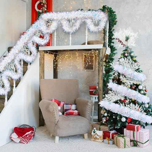 DIYDEC 26.2FT Christmas Tinsel Garland Shiny Iridescent White Garland Christmas Glitter Foil Metallic Twist Hanging Garlands for Xmas Tree Fireplace Home Party Decoration