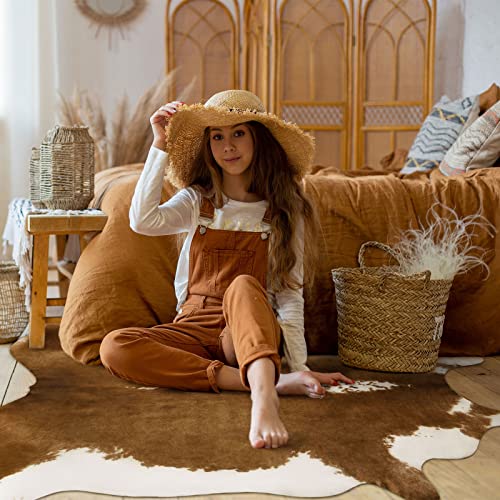 BENRON Faux Cowhide Rug Caramel 4'7 x 5'2 Irregular - Cow Print Rug for Living Room Bedroom