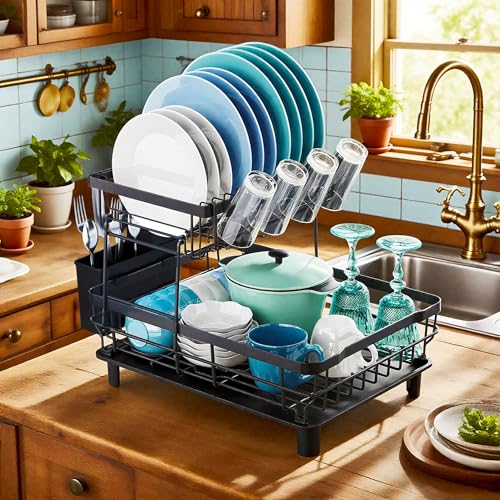 Black 2-Tier Dish Drying Rack with Drainboard for Kitchen Counter, 13''W x 17''L
