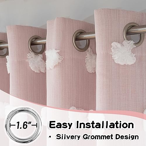 Pink Nursery Curtains Set - Blush Pink Double Layer Blackout Sheer Pom Pom Window Drapes, 52x84 Inches, Pack of 2