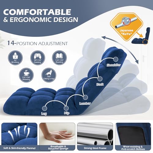 Darkblue Folding Floor Gaming Chair with 14 Adjustable Positions - Cushioned Lazy Sofa for Adults & Kids
