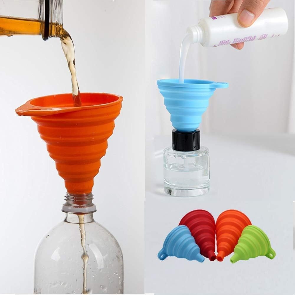 Skiennix Kitchen Funnel Set - 4 Pack of Foldable Silicone Collapsible Funnels for Easy Liquid Transfer