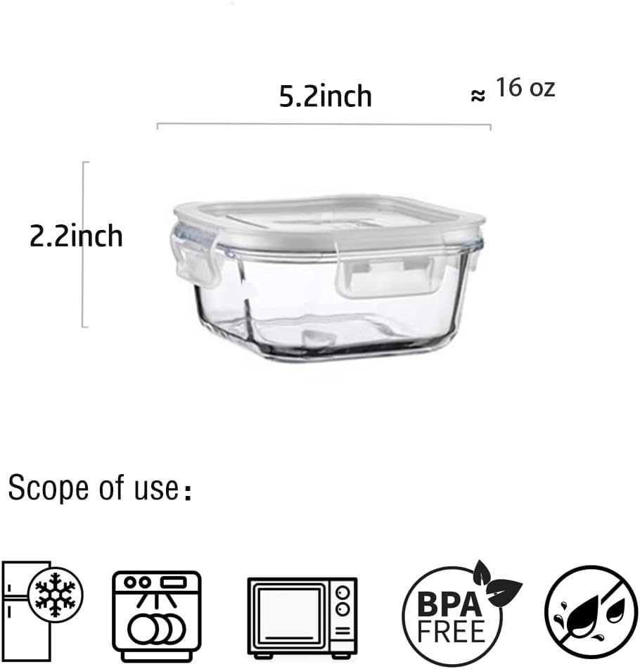 Skiennix 2-Cup Square Glass Food Storage Containers - Airtight, Leak-Proof, BPA-Free | Small 16oz Meal Prep Bowls