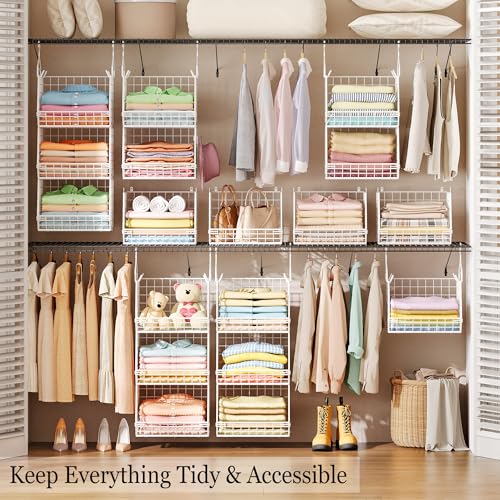 3-Tier Foldable Closet Organizer with Hooks - White Storage Baskets for Clothing & Accessories