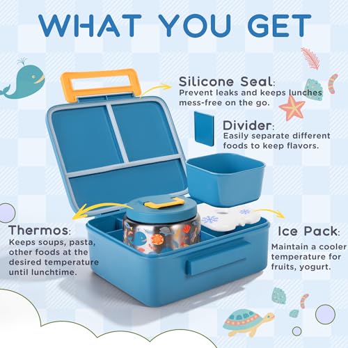 Kids Bento Lunch Box Set with 8oz Insulated Food Jar & Ice Pack - Blue Ocean