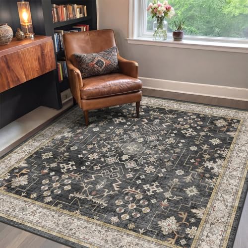 Ashen Multi 6x6 Square Washable Area Rug - Vintage Boho Floral Non-Slip Carpet for Living Room