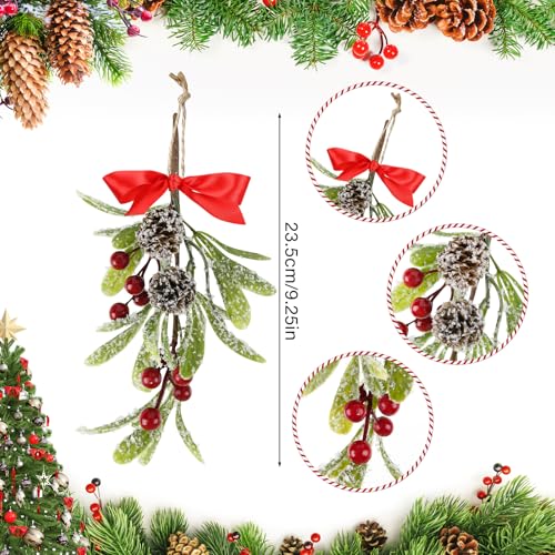 Christmas Mistletoe Decorations Set - 4 Artificial Hanging Kissing Balls with Pinecones & Bows