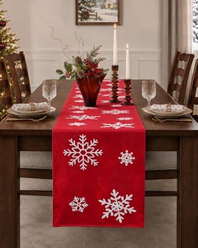 MuseHaus Winter Crimson 13x72 Velvet Embroidered Table Runner