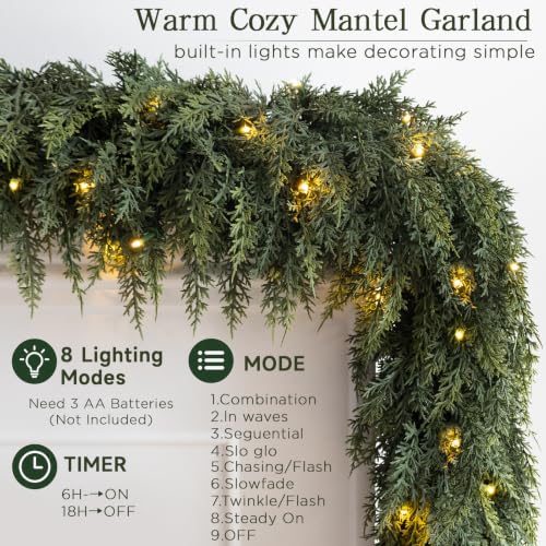 9FT Prelit Cedar Garland with Lights - Green Christmas Decor, Battery Operated