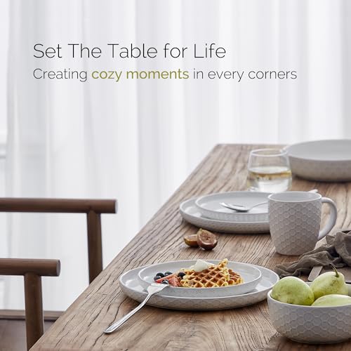 Stoneware Dinnerware Sets Service for 4 - 12 Pcs Embossed Boho Ivory White