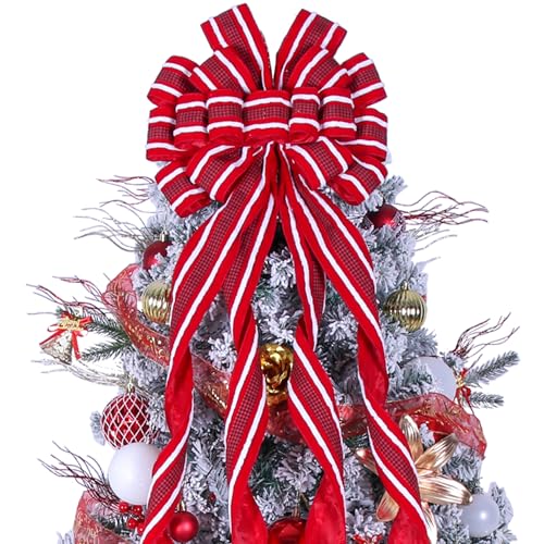 Christmas Tree Topper Bow Large Red Wreath Topper, Flocking Fabric