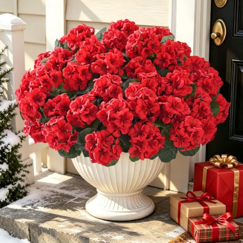Yastouay 24 Pack Red Artificial Geranium Flowers for Outdoor & Indoor Decor