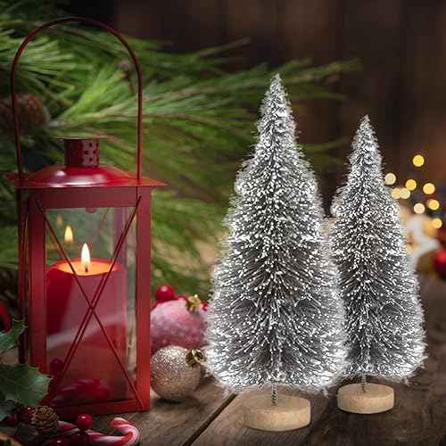 8 Pcs Mini Christmas Tree,Artificial Small Christmas Trees with Wood Base,Bottle Brush Trees Silver Xmas Tree for Christmas Decoration Winter Ornaments DIY Crafts