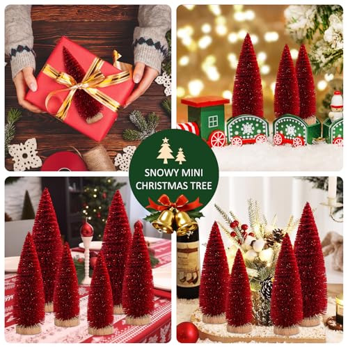 BIJXOYA 9 Pcs Mini Christmas Tree Set - 6/8/10 in with Red Glitter, Wooden Bases