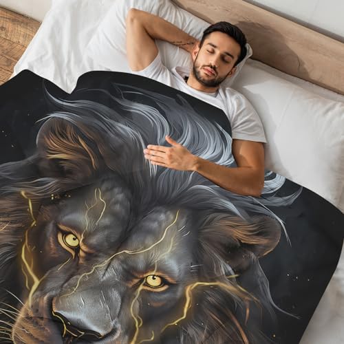 Huke Lion Gift, Cool Black Gold Blanket for Adults and Kids, Super