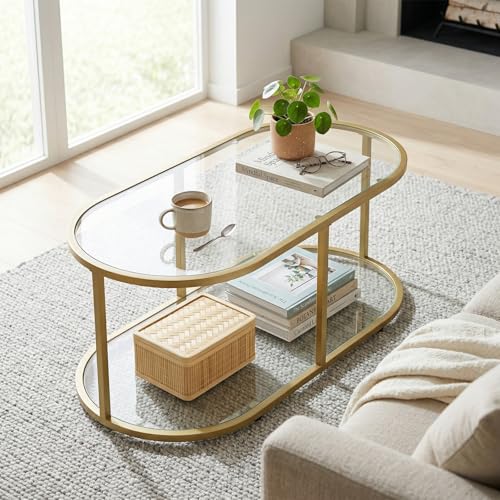 Gold 2-Tier Oval Coffee Table - Modern Glass & Metal Living Room Accent