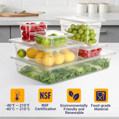 BIEAMA 6 Pack 1/2 Size 6-Inch Deep NSF Polycarbonate Food Pans with Lids