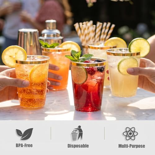 DaYammi Gold Rimmed Plastic Cups 10 Oz - 200 Pack Disposable Party Drinkware, Wedding & Event Use