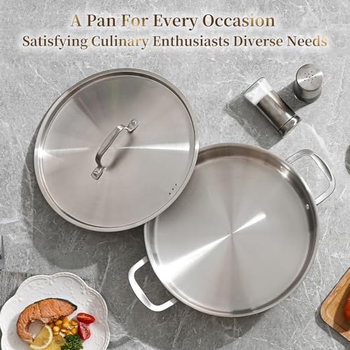 DELARLO 8 Quart Tri-Ply Stainless Steel Braiser Pan with Lid - Durable & Even Heating