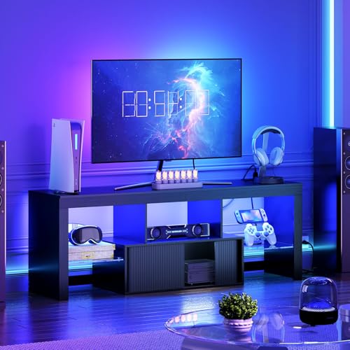 LED TV Stand for 60 Inch TVs with Storage & Multi-Color LED Lighting - Black