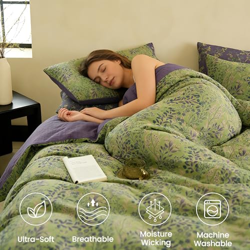 BISELINA Queen Cotton Muslin Duvet Cover Set Reversible Floral Yarn-Dyed Green Purple