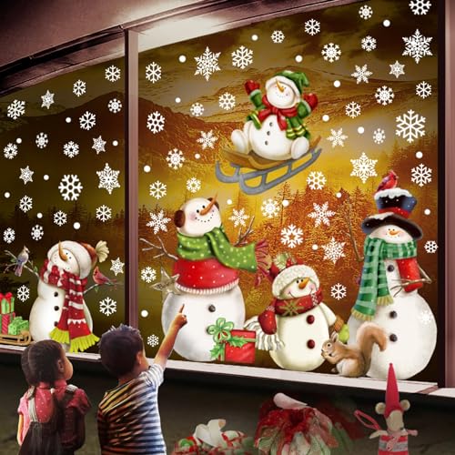 XINMEIXIN Christmas Snowflake & Snowman Window Stickers - Warmth Edition, 90 Pcs