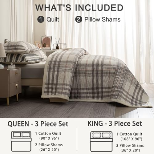 Queen Size Reversible Cotton Quilt Set with Wave Quilting - Grey & White, 90x96, Grid Pattern - Includes 2 Pillow Shams - Light & Soft for All Seasons