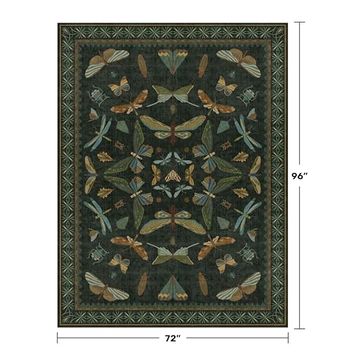 6' x 8' Dark Green Washable Area Rug with Non-Slip Backing - Vintage Floral Floor Carpet