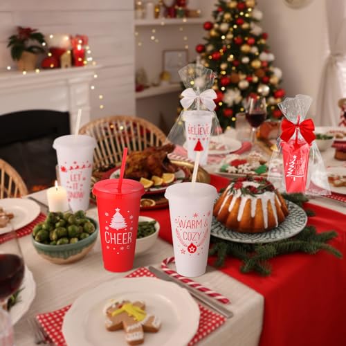 Potchen Reusable Christmas Plastic Cups with Straws & Lids 12 Pack - Red & White