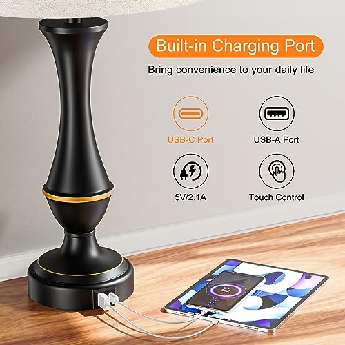 Touch Nightstand Lamps Set of 2 - 3 Way Dimmable with USB-C & A, Beige Shade & Black Base, 22 Inch