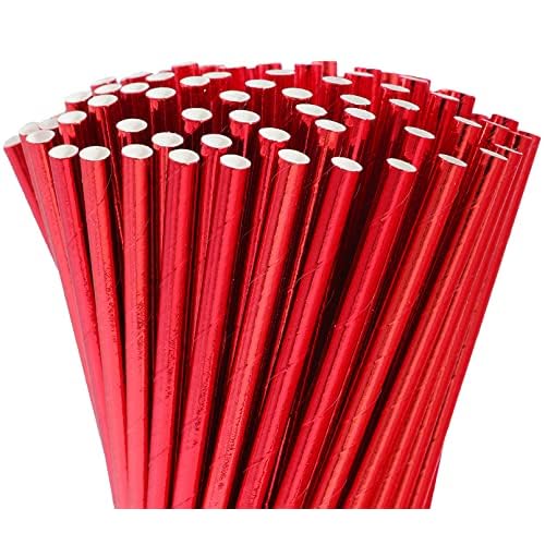100 Pack Red Biodegradable Paper Straws - Disposable Cake Pop Sticks, Foil Straws for Birthday/Baby Shower Wedding Party Supplies Decorations