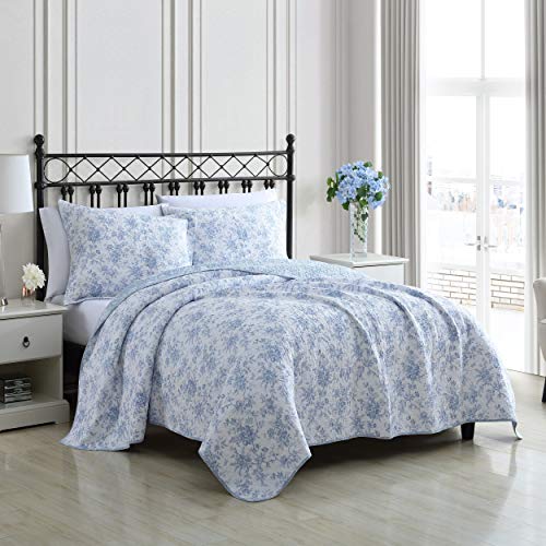 Laura Ashley Queen Quilt Set with Shams - Reversible Cotton Bedding, Walled Garden Blue, Full/Queen