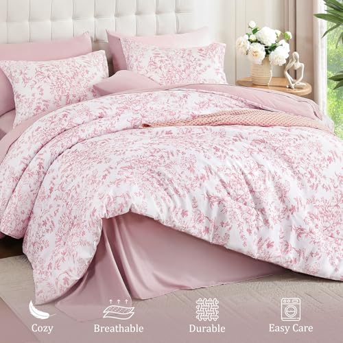 Pink Floral Queen Size Comforter Set - 8 Pieces Bed in a Bag, Microfiber Bedding