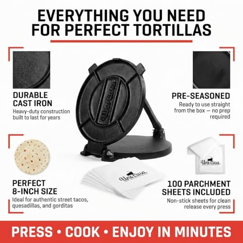 Uno Casa 8 Inch Cast Iron Tortilla Press Pre-Seasoned Flatbread Maker