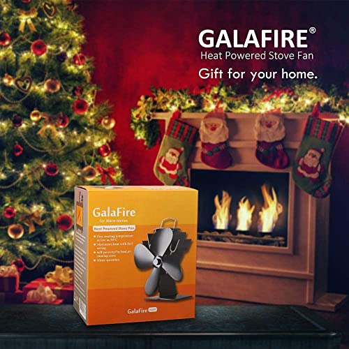 GALAFIRE 4-Blades Heat Powered Wood Stove Fan + Magnetic Thermometer, 122°F Start Non Electric Eco Fireplace Fan for Gas/Pellet/Log/Wood Burning Stoves, Silent Operation, 2-Years, N429, Black