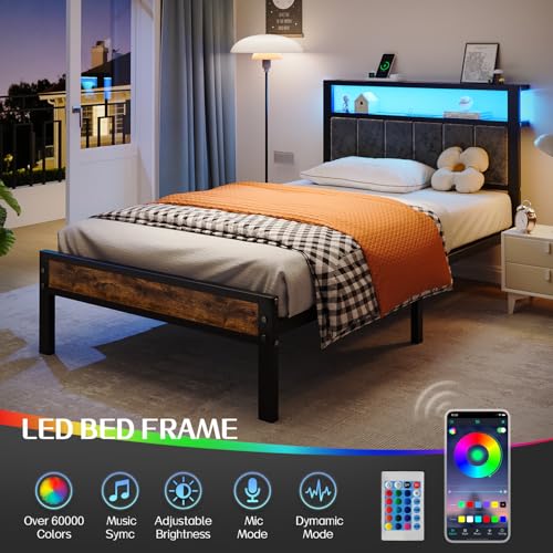 Liians Twin Size Bed Frame with LED Lights & Grey Upholstered Headboard