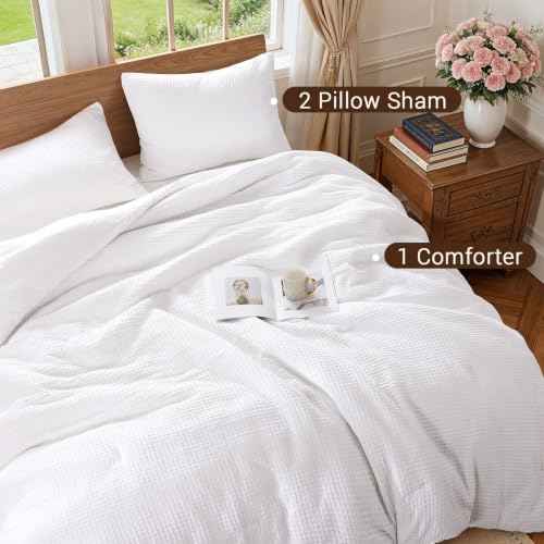 King Size White Waffle Weave Comforter Set - Breathable 100% Cotton Shell