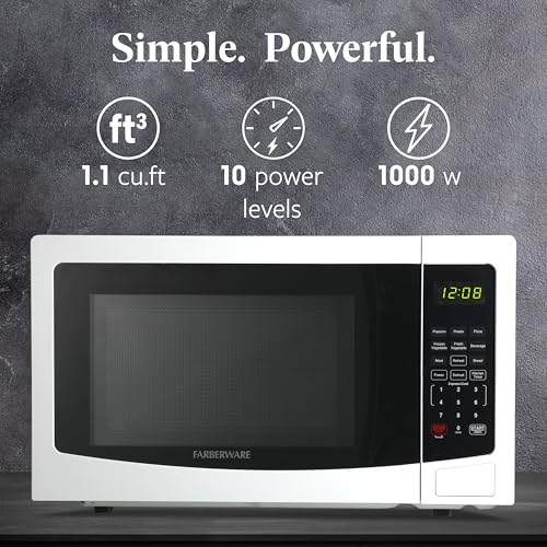 Farberware 1.1 Cu. Ft White Countertop Microwave Oven - 1000W, Auto Cook, Child Lock