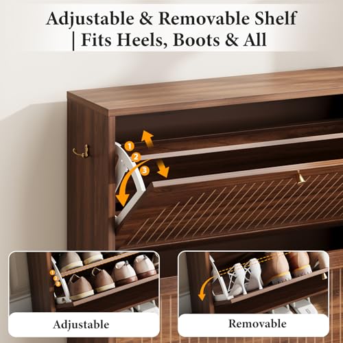 Nicetree Arch-Chic Shoe Cabinet - Narrow Fluted Entryway Storage, Adjustable Shelves, Walnut Finish - Luminous Walnut / 2 Flip Drawer