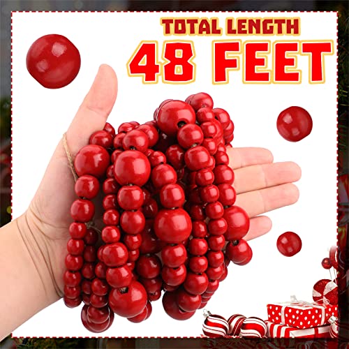 Yinder Dark Red Wood Bead Garland 4 Pcs 48 ft Christmas Tree Decor