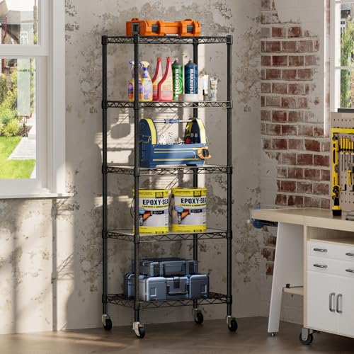SINGAYE 5-Tier Adjustable Metal Pantry Shelf Black, 11.8"D x 17.3"W x 57.2"H