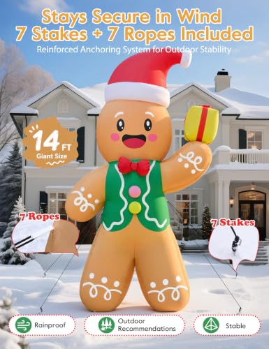 14FT Christmas Inflatable Gingerbread Man Outdoor Yard Decor with LED Lights & Dual Blowers